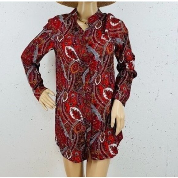 Vagabond Women's size Medium Red Paisley Button Down Tunic Shirt Dress - Picture 1 of 16